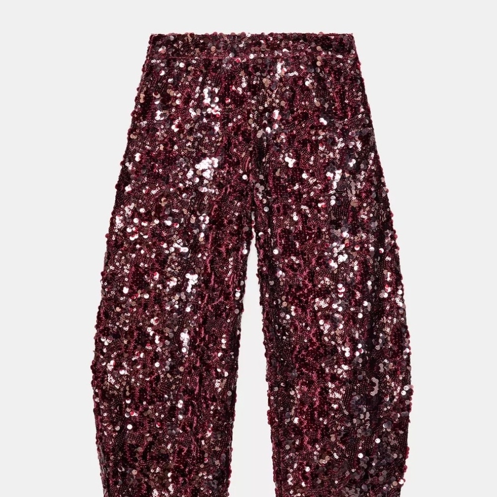 Zara Burgundy Sequin Wide-Leg Pants